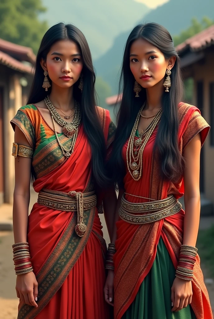 Two nepali women in traditional nepali clothing standing outside. One woman is taller than the other. They are wearing necklaces and bangles on their wrists.