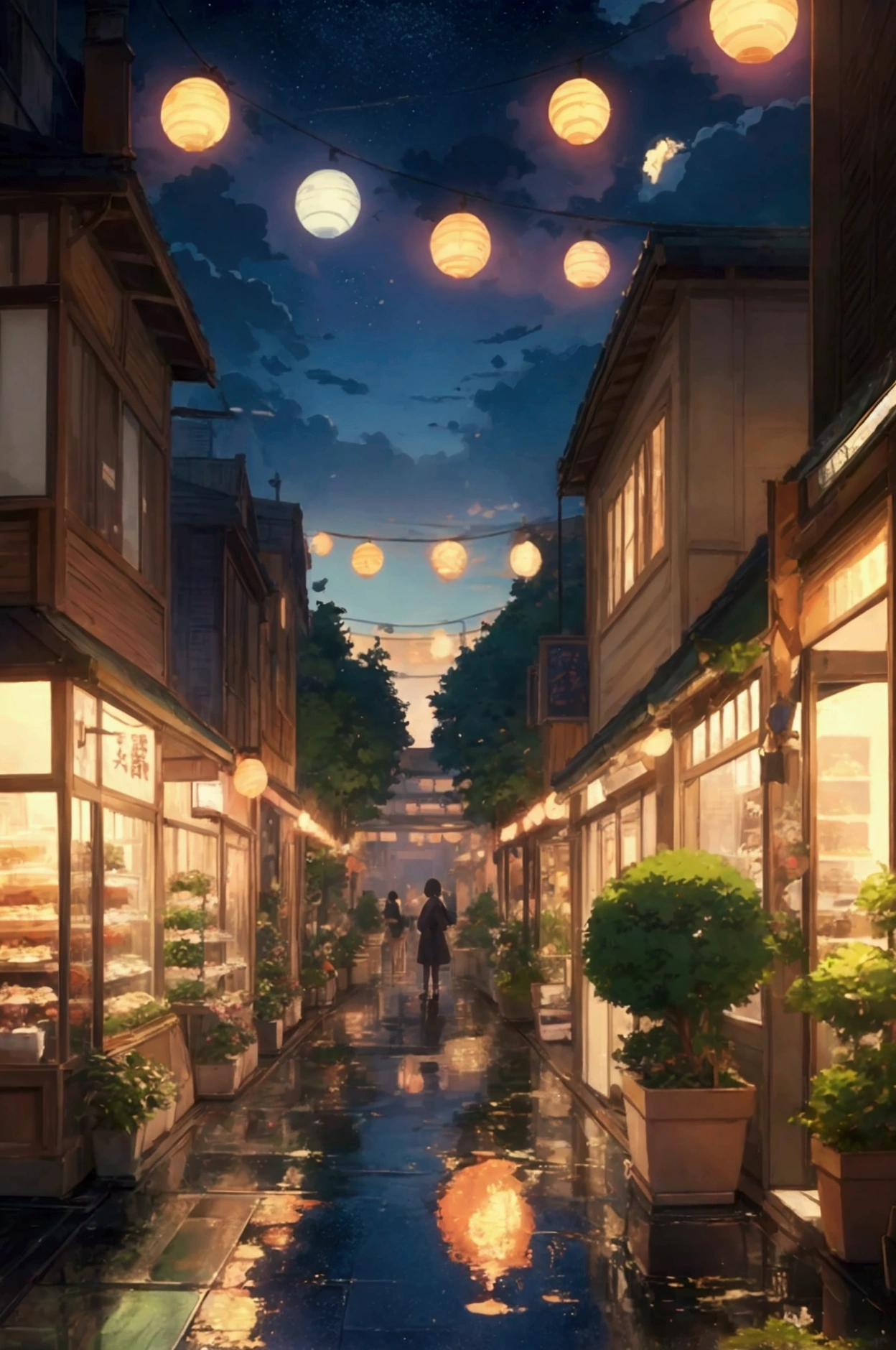 City flower shop, potted plants, flower, rainny night,water reflection puddle,oriental design, hanging lights , digital painting, sunset,wind up,concept art, illustration, intricate, many people, hanging lights, happy, beautiful colorful light, flower, plants ((tileset)) Anime - City street style scene, a woman waiting in front of a store, anime background art, detailed scenery - width 672, anime landscape concept art, anime style cityscape, Studio Ghibli anime style, Studio Ghibli art style, Studio Ghibli program, anime landscape, Studio Ghibli art style, Landscape artwork, Beautiful anime landscape, Forest city street, Ghibli art style, cake shop, cake shop, bakery cake shop, Makoto Shinkai style, Makoto Shinkai anime, Shinkai Makoto art style