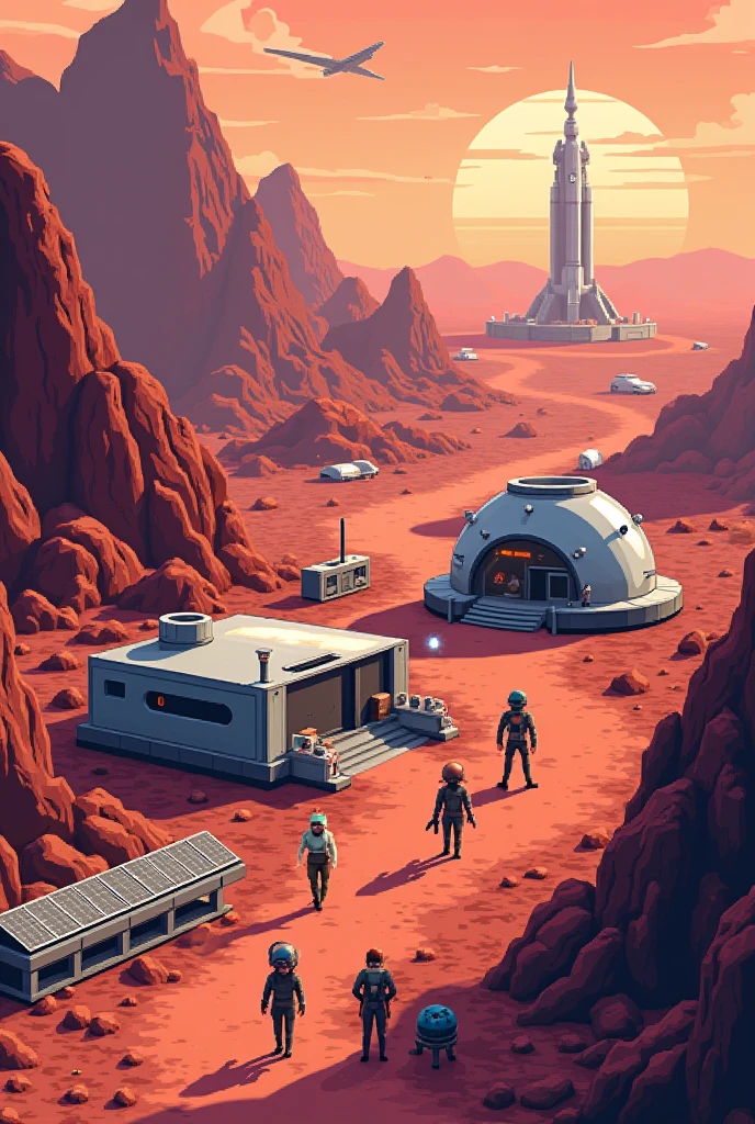 Pixel play style, Mars base, dusty red landscape, Retro 8-bit characters, low poly architecture, future technology, Rough terrain, Solar panels, oxygen dome, Rocket launch pad, orange tint, Sci-fi atmosphere, bright colors, mood lighting, Pixel art details, space exploration, top-down
, pixel art, pixel art