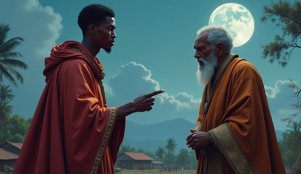 Father," Mandla began, his voice laced with impatience, "you were once the greatest king this land has ever known. Why did you give up your power? Why do you, a king, live as a common man?"
Mandla is a 20 years old young prince, he dressed in rich, vibrant robes that signify his royal heritage. He is on a low cut hairstyle His expression is a mix of pride and arrogant pointing at his father
His father the old wise king , dressed in a regal buth worn-out attire .
Both standing in the edge of the village demonstrating as the day is down and the moonlight shine.