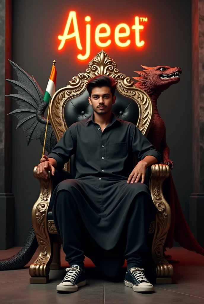 Illustration A 18 year old young boy wearing a black Räkéß and sneakers, sits on a King of Beasts throne with an Indian flag in hand. A ferocious dragon is next to him, and he has Indian tricolor wings. ‘Ajeet‘ is written in large orange neon lights on a dark gray wall in the background. Create a 3D illusion profile picture in