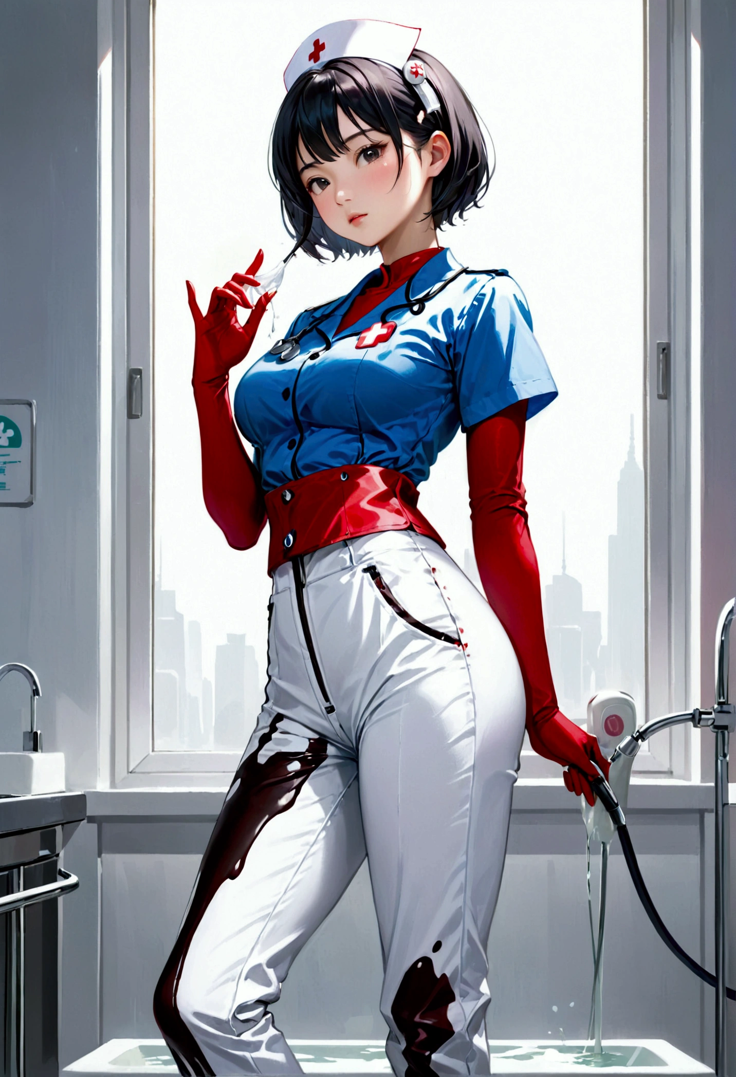 An Asian pretty teenage nurse in white nursing pants, slender, large hips, slim waist line, straight short hair, cleans her thin fingers with large amount of white sloppy liquid.