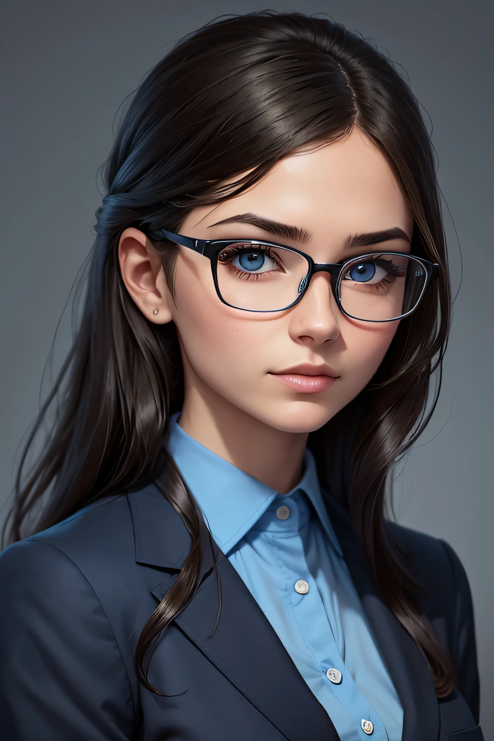 professional, glasses, woman in a semi-realistic cartoon style, smart, cool, sharp look, confidence, using a blue Shirt, and a black office suit. with soft blue background. Portrait Picture, Top Quality, high detailed, long hair.