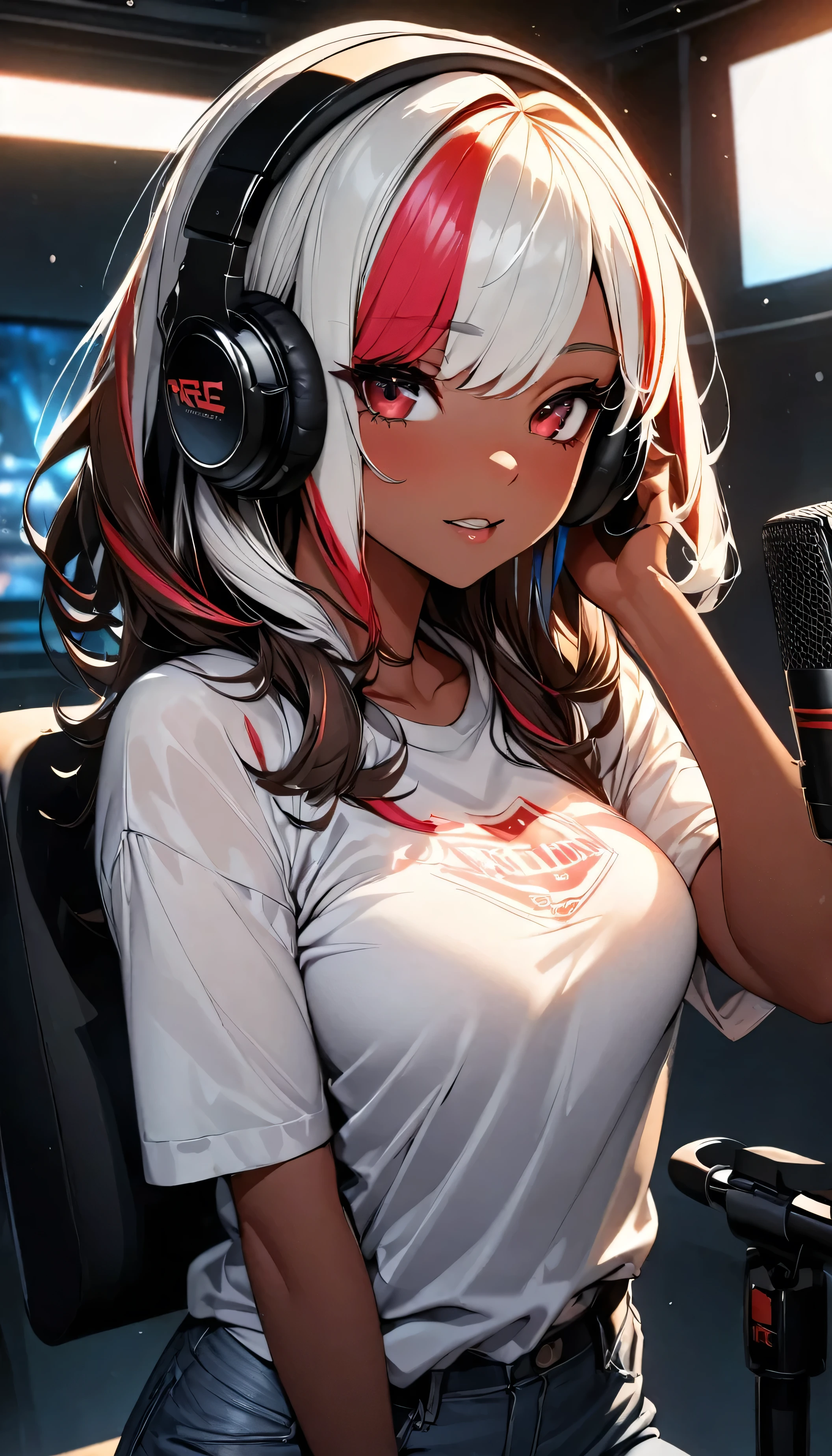 (highest quality:1.2, Very detailed, up to date, Vibrant, Ultra-high resolution, High Contrast, masterpiece:1.2, highest quality, Best aesthetics), Portraiture、girl、singer、Bright colors、Beautiful fine details、Beautiful lip detail、midium wave hair、red and white ((streaked hair:1.6)), highlights hair: 1.5, red eyes, (slim:1), medium breast, (tan skin:1.1), t-shirts and old jeans、loose fit, wearing headphone, vocal recording, singing, (right hand holding mike stand:1), (Floral Fineline tattoo design on left arm:1), ((mike stand)), Powerful vocals、Rock star aura、recording studio, vocal recording booth:1