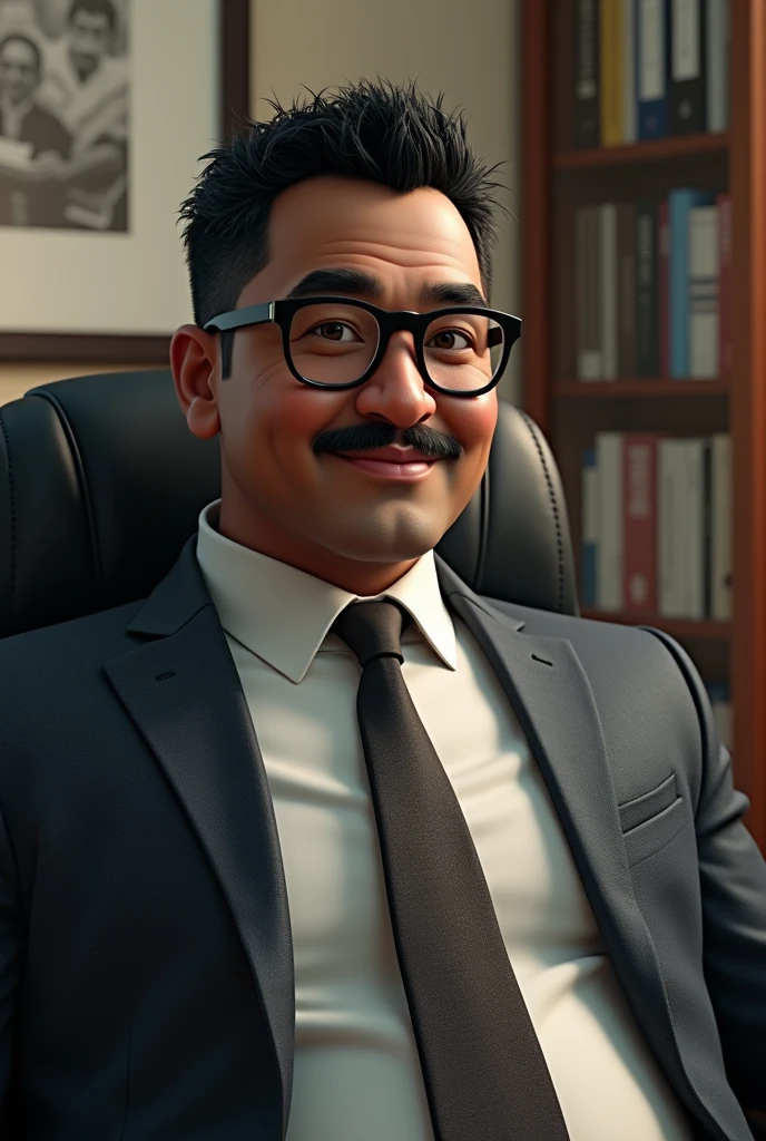 The brown guy sitting on office chair with square specs and mustache also add little Curly black small hair with spike  round face middle age 