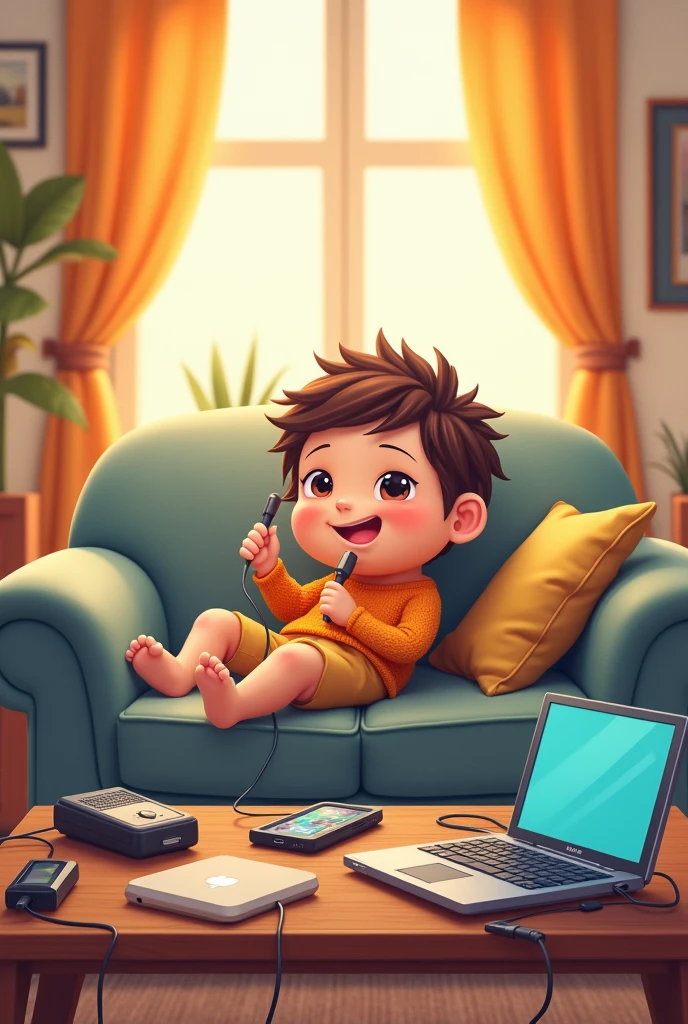 a sweet cartoon cracter connecting two wire sitting on the sofa and laptop and gadgets are laying on the table and in the bottom these words are written 'Yar soch rha ho group ma wifi lagwa do'