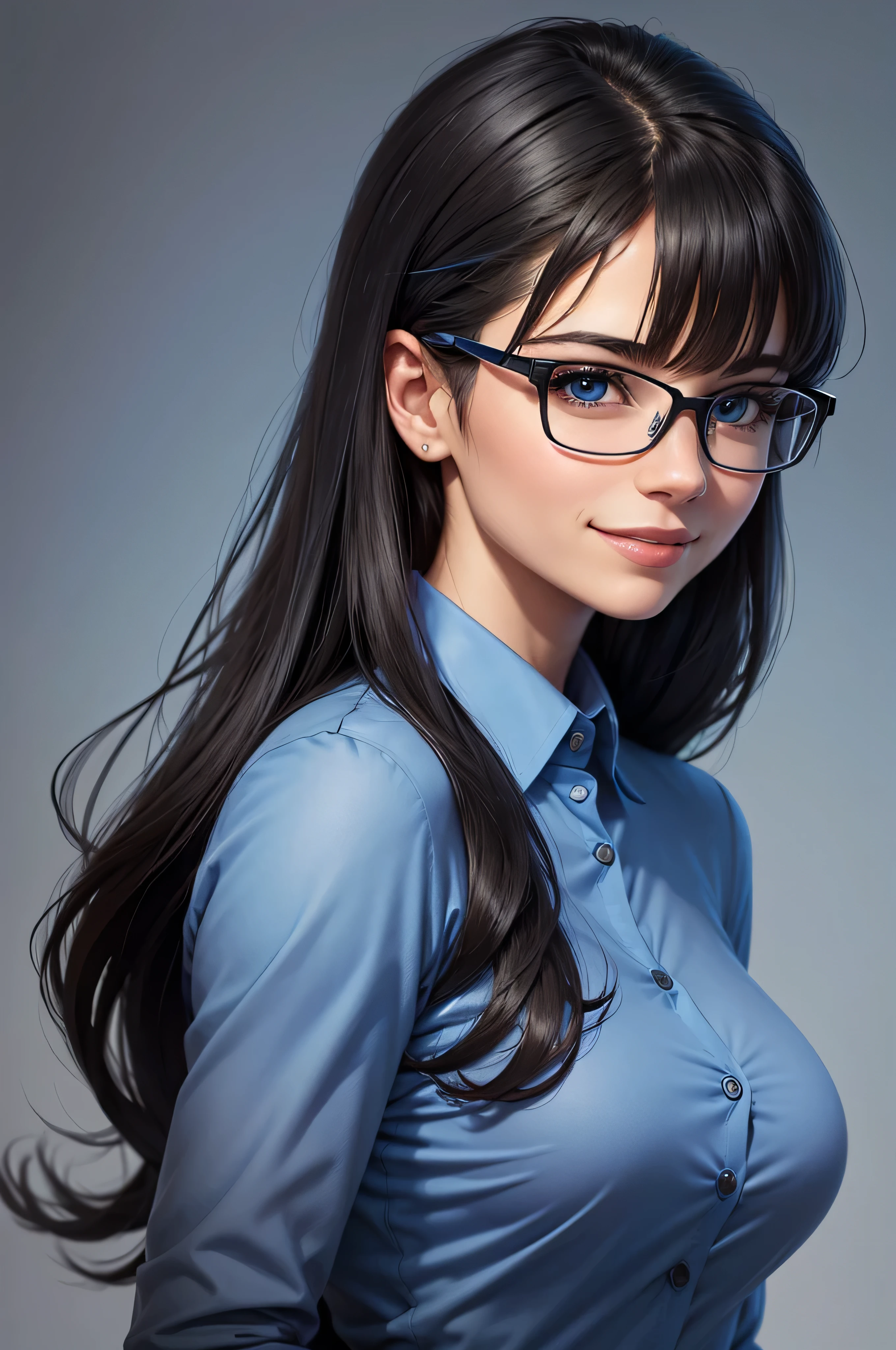 professional, glasses, woman in a semi-realistic cartoon style, smart, cool, sharp look, confidence smile, pretty smart, using a blue Shirt, and a black office suit. with soft blue background. Portrait Picture, Top Quality, high detailed, long hair.