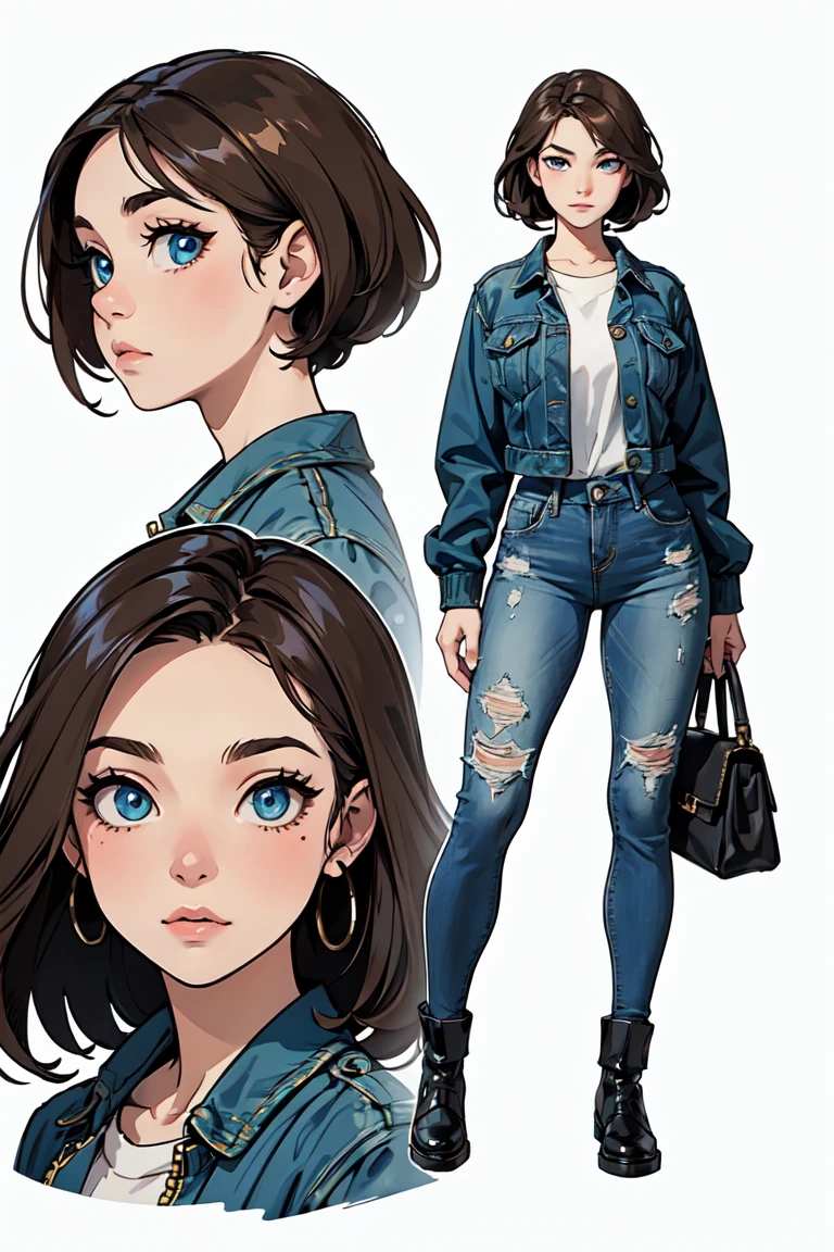 ((work of art)), (((best qualityer))), (design of character sheet, same character full body, 正面, boku, rug), (((gorgeous eyes)))illustration, 1 girl, lonely girl, stunning facial features, uniform hair color, coiffure, custom, jaket, tight denim, thick-thighs, design of character, realistic modern clothes (simple rugground, white rugground: 1.3)