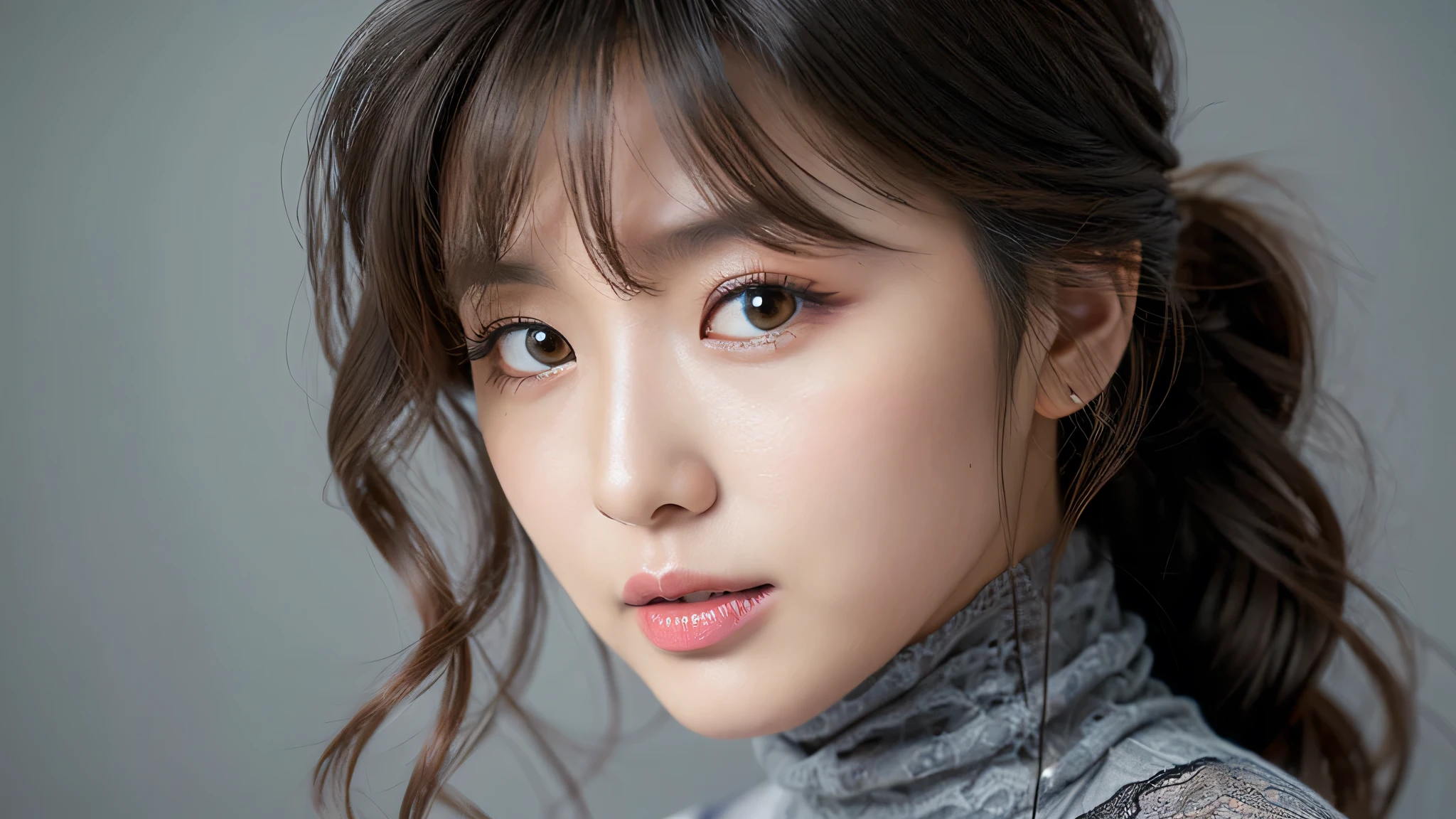 (Detailed face),vivid,Grey(Lace fabric)turtleneck,4K,Ultra-high resolution,（Photorealistic：1.7）,Gray background,Black long hair,