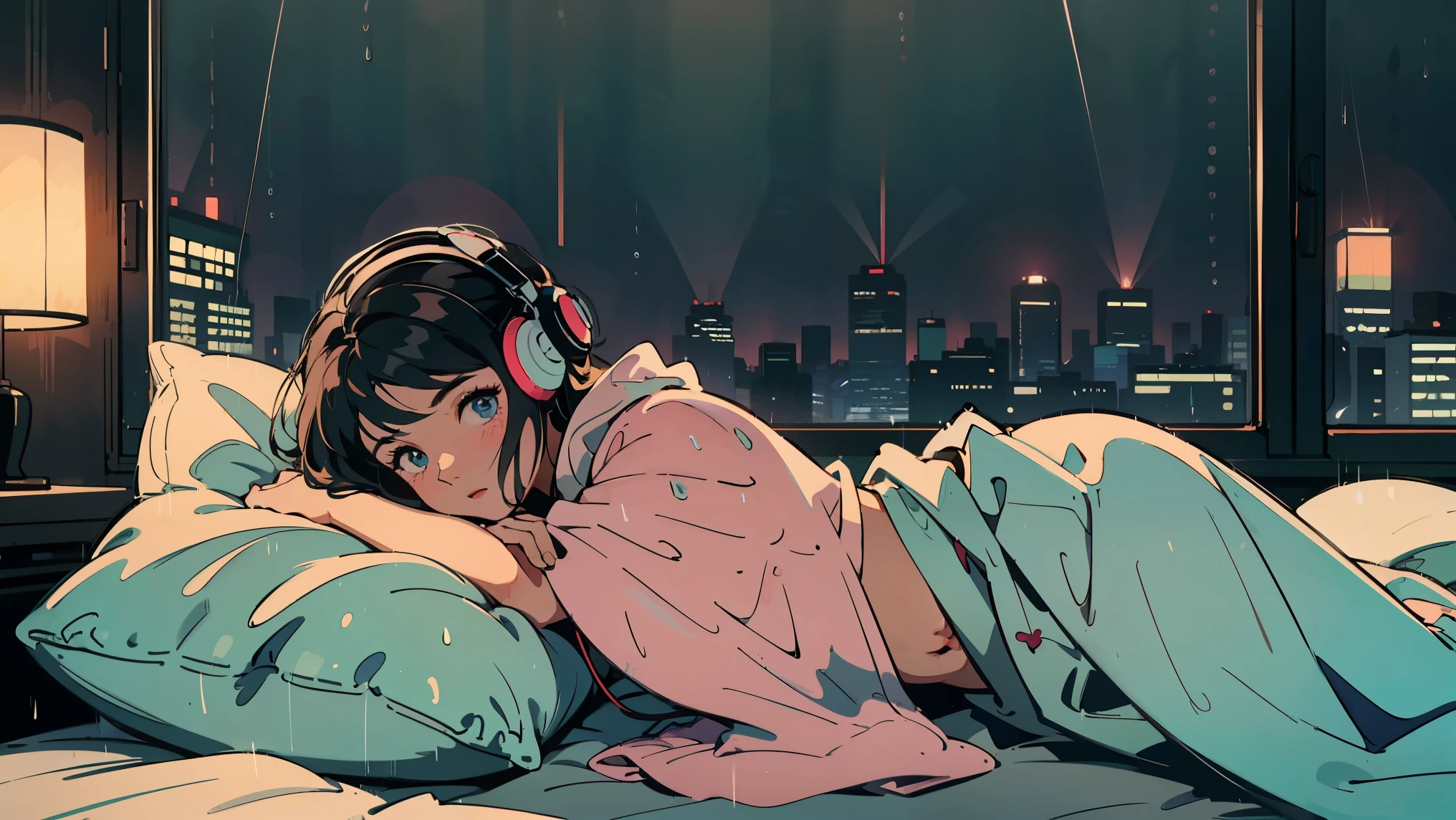 scene: Minimalist bedroom with large windows overlooking a rainy city。
character: A girl in her late teens wrapped in a blanket、Lying in bed with headphones on、Healed by music and the sound of rain。