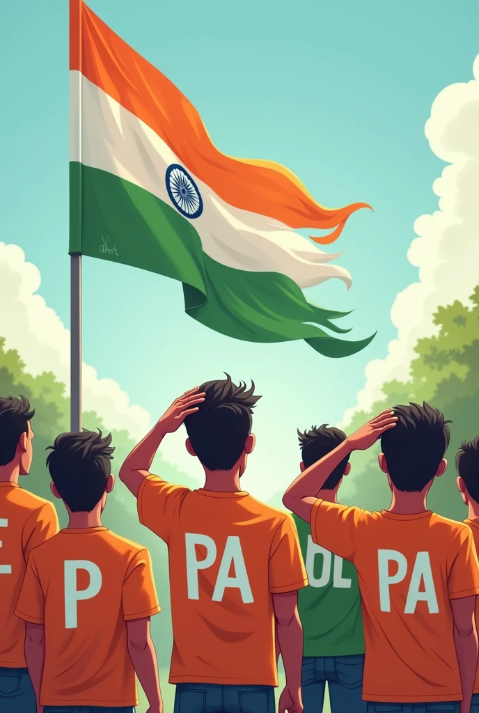 Men saluting the Indian flag from the , wearing 'PAL' t-shirts with 'P' in orange, 'A' in white, and 'L' in green. One men . look like age 21  , cartoon 