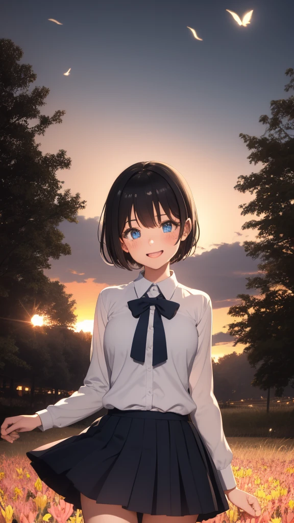 {1girl}, {solo}, young female, school uniform, best illustration, big smile,mouth open, {{{{best quality}}}}, black_hair, short_hair, {{{dynamic angle}}}, nighttime, {{{Bright blue moon}}}, school setting, blue_eyes, {{{{dynamic lighting}}}}, {{{{Blushing}}}}, field, flowers, fireflies, {{{tears of joy}}}, tears