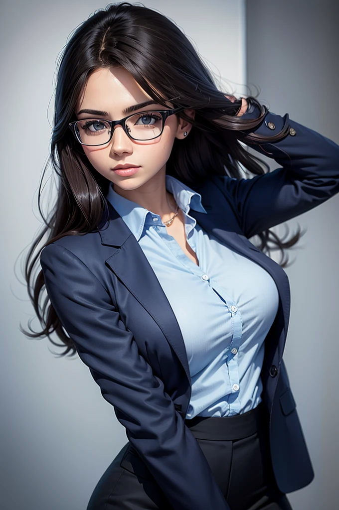 professional, glasses, woman in a semi-realistic cartoon style, smart, cool, sharp look, confidence, using a blue Shirt, and a black office suit. with soft blue background. Portrait Picture, Top Quality, high detailed, long hair.