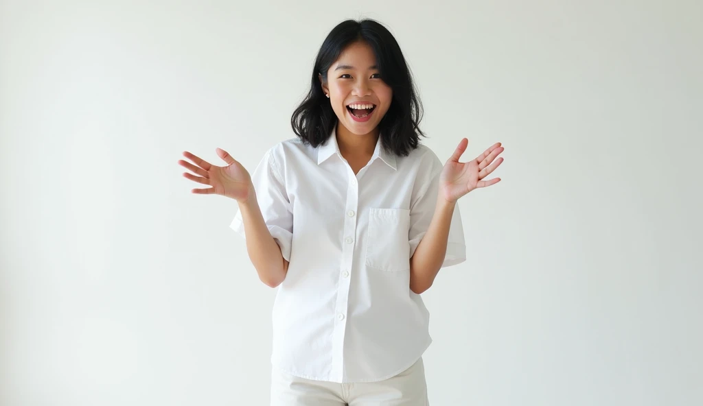 High resolution, One person, Heavy round bob,19 years old,White shirt,Shorts,Bluish black hair,smile, Open your mouth, Put your hands out in front of you,happiness/joy, Simple Background,Distant shots,whole body
