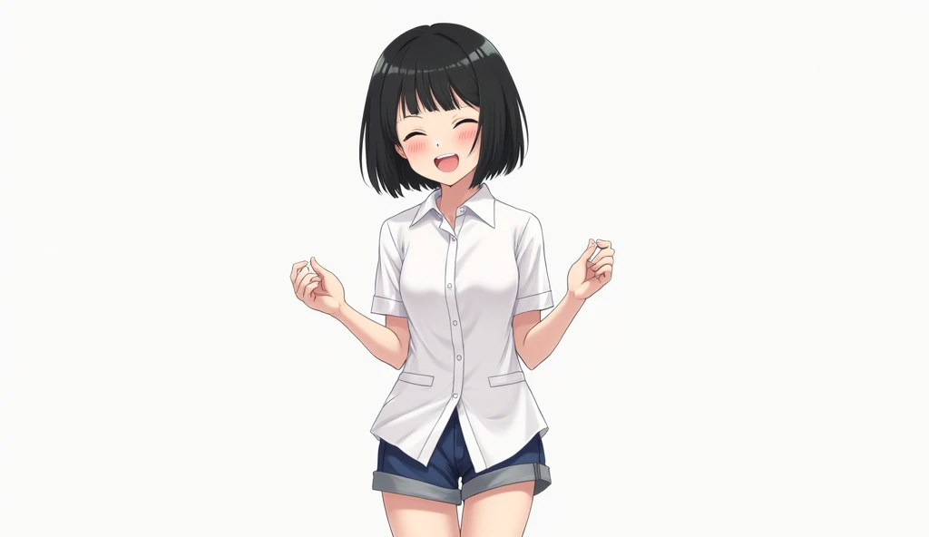 High resolution, One person, Heavy round bob,19 years old,White shirt,Shorts,Bluish black hair,smile, Open your mouth, Put your hands out in front of you,happiness/joy, Simple Background,Distant shots,whole body