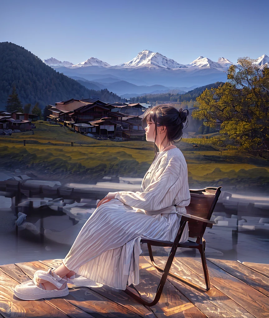 woman sitting on a chair looking out over a valley, sitting cutely on a mountain, in a scenic background, with mountains in the background, profile image, with mountains in background, sitting down casually, sitting down, dang my linh, chill time. good view, inspired by Ni Yuanlu, inspired by Ma Yuanyu, seated on wooden chair
