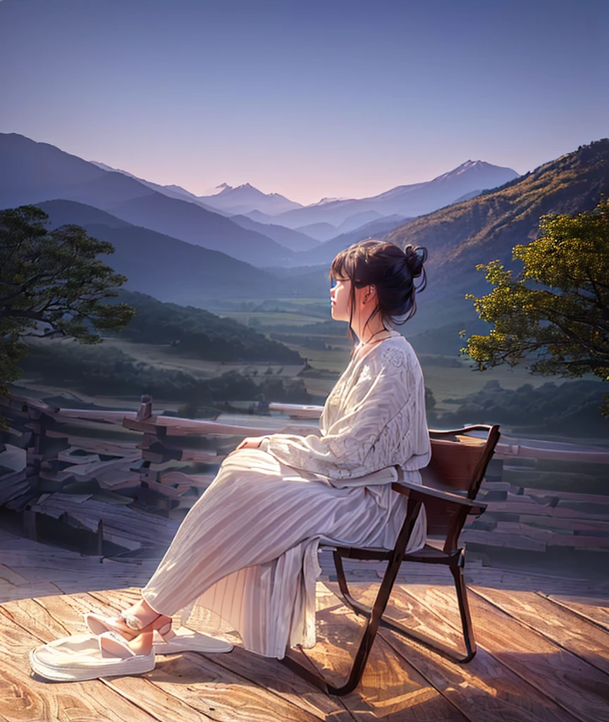 woman sitting on a chair looking out over a valley, sitting cutely on a mountain, in a scenic background, with mountains in the background, profile image, with mountains in background, sitting down casually, sitting down, dang my linh, chill time. good view, inspired by Ni Yuanlu, inspired by Ma Yuanyu, seated on wooden chair