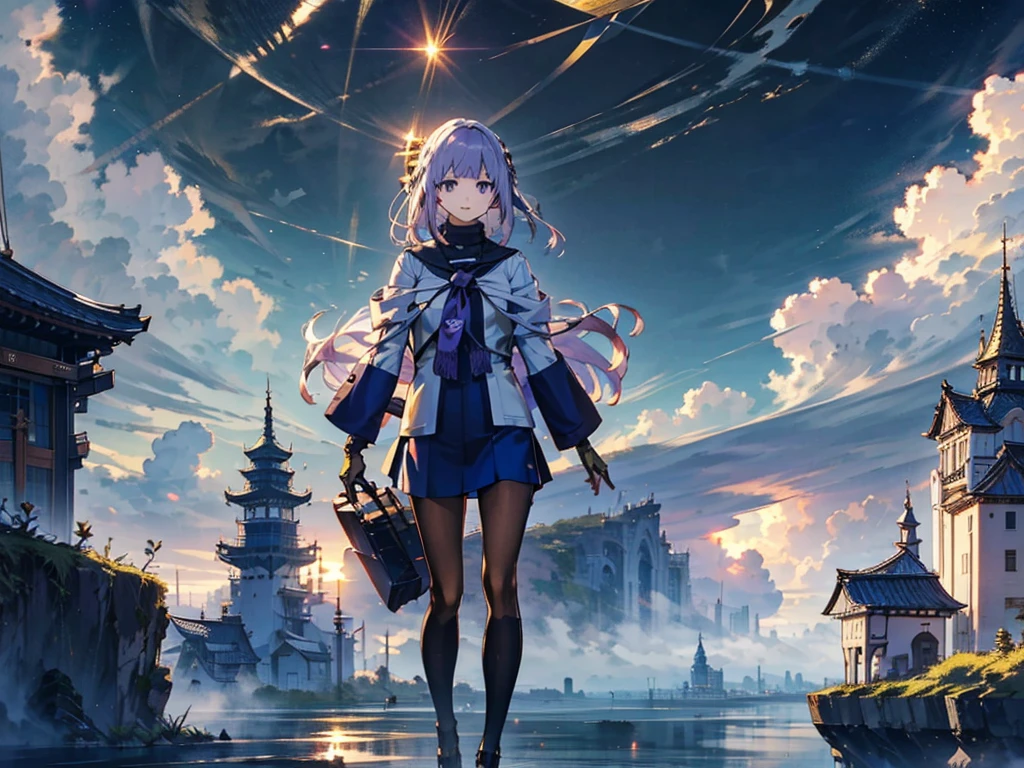 A huge city in the sky, A town above the clouds, A floating school city, 地平線but見える, 眼下には都会butある,but１people, Purple Eyes, Golden Hair
