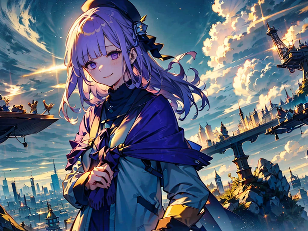 A huge city in the sky, A town above the clouds, A floating school city, 地平線but見える, 眼下には都会butある,but1people, Purple Eyes, Golden Hair