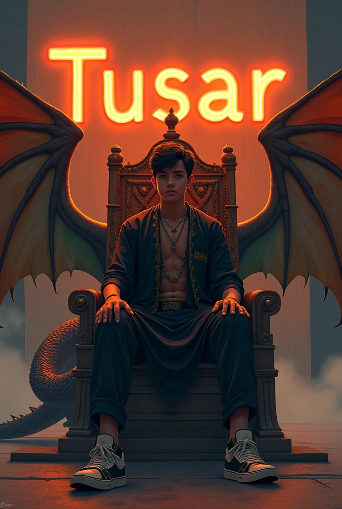 Illustration A 18 year old young boy wearing a black Räkéß and sneakers, sits on a King of Beasts throne with an Indian flag in hand. A ferocious dragon is next to him, and he has Indian tricolor wings. ‘Tusar‘ is written in large orange neon lights on a dark gray wall in the background. Create a 3D illusion profile picture in