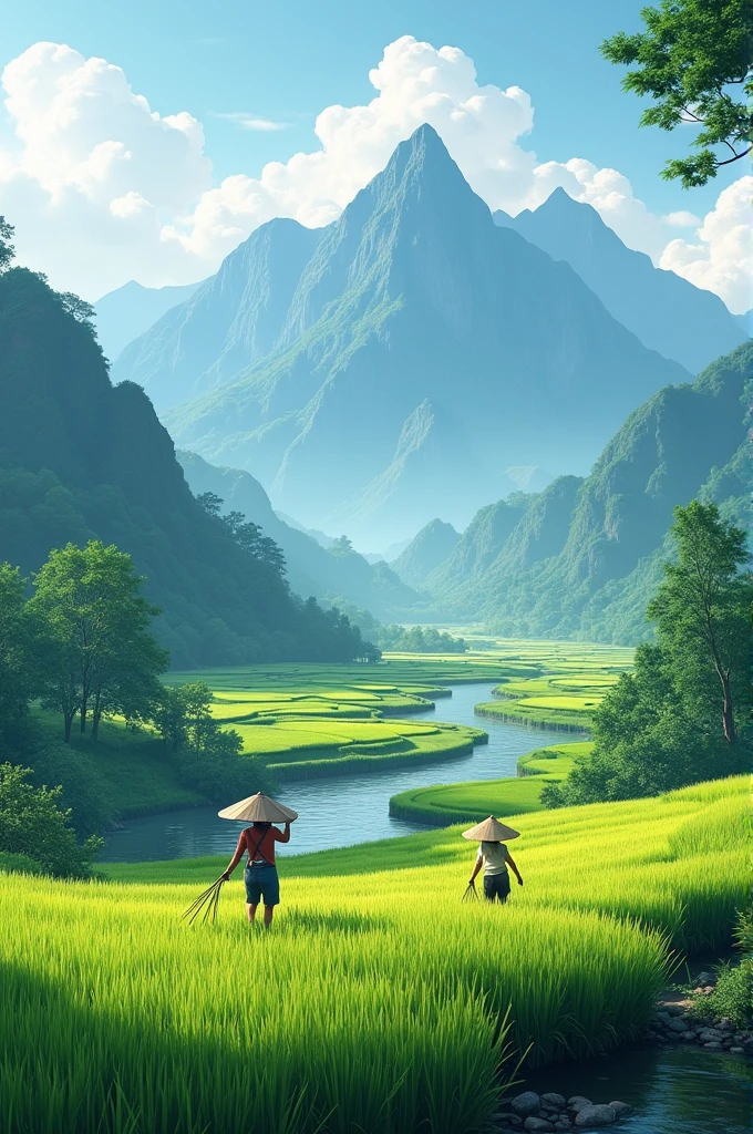 Picture of a mountain view with rice fields and a river below it, in which there are leaves, Trees, and there are people who are harvesting rice fields in a naturalistic style