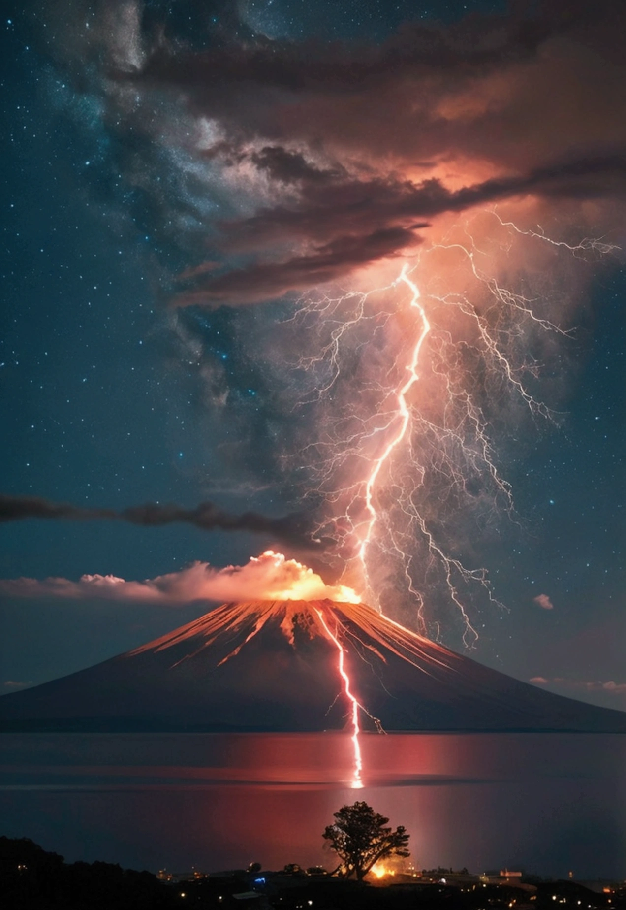On the day of Earth's destruction, depict the last view of humanity. Show a breathtaking scene that is both beautiful and cruel, showcasing the wonders of nature. Capture the eruption of a volcano, accompanied by lightning strikes and a violent storm. In the backdrop, include the majestic Mount Fuji, while a shooting star streaks across the sky like a blazing fireball. Convey the sense of impending doom and the awe-inspiring power of nature in this final moment of human existence.