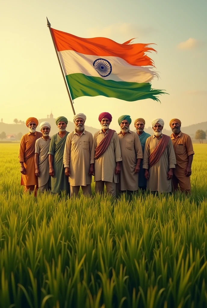 A group of Indian farmers including man and woman holding Indian flag in the paddy farm