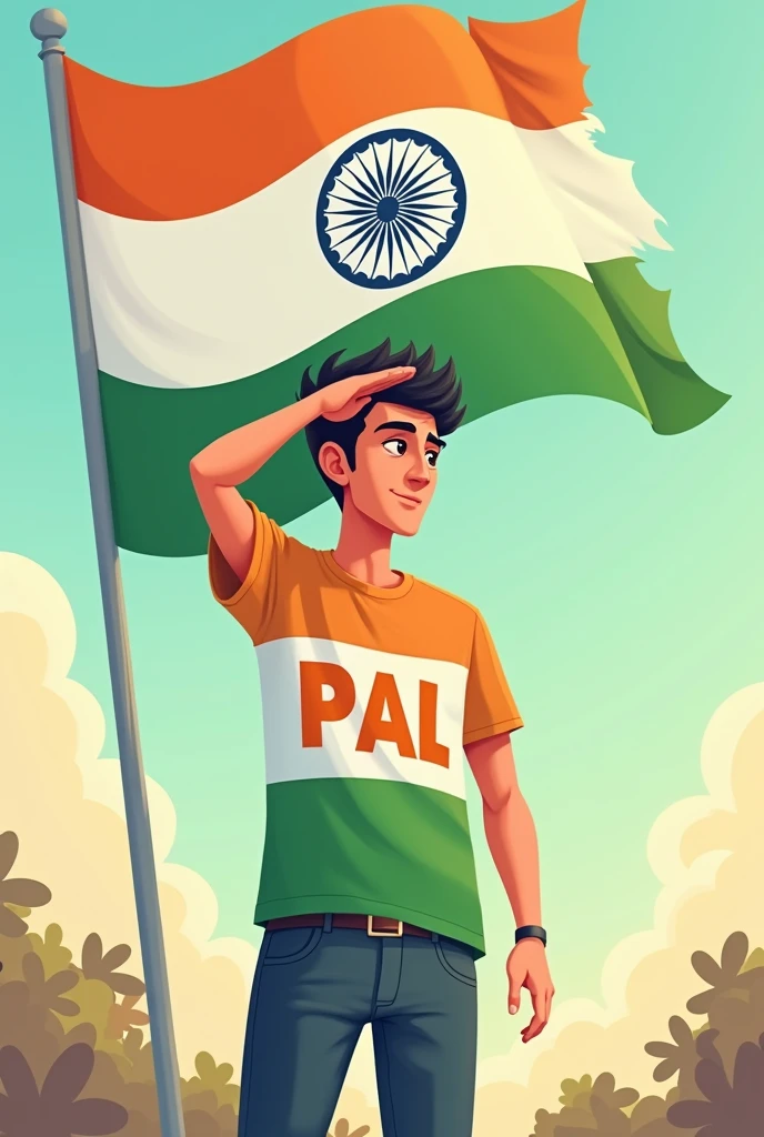 Men saluting the Indian flag from the , wearing 'PAL' t-shirts with 'P' in orange, 'A' in white, and 'L' in green. OnlyOne men . look like age 21 , cartoon