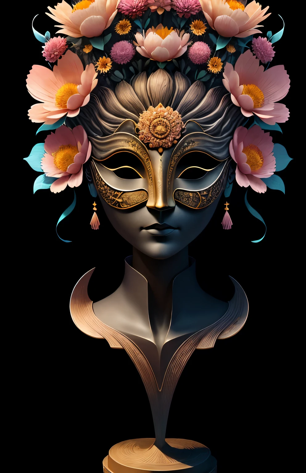 Sculpture mask, hollow, sculpture, pointed hair spreading upwards, flowers blooming on the head, 3D rendering, shadows, soft colors, very detailed, artwork, Deco, center, symmetrical