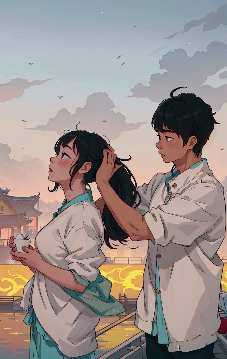 (best quality:0.8) perfect anime illustration, there are two people standing on a boat with a city in the background, photo pinterest, 😭🤮 💔, couple pose, ruan jia and fenghua zhong, screenshot from a movie, highlight scene of the movie, 😭 🤮 💕 🎀, photoshoot, yanjun chengt, patiphan sottiwilai, set on singaporean aesthetic