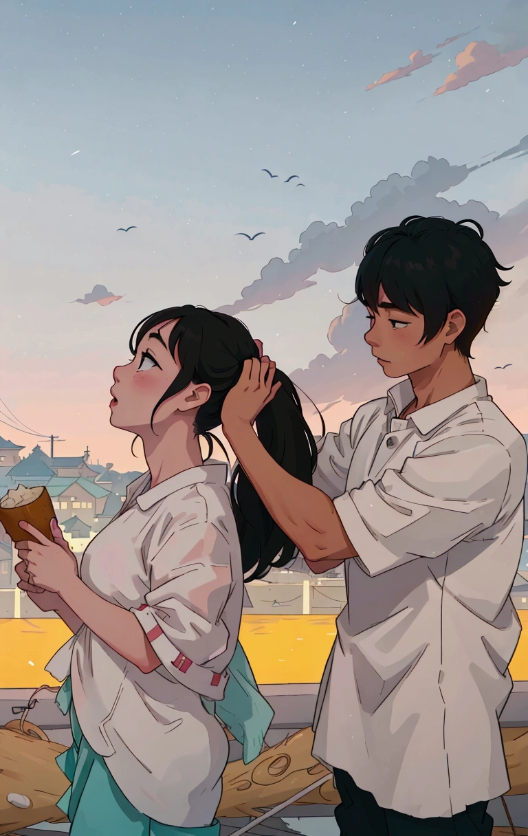 (best quality:0.8) perfect anime illustration, there are two people standing on a boat with a city in the background, photo pinterest, 😭🤮 💔, couple pose, ruan jia and fenghua zhong, screenshot from a movie, highlight scene of the movie, 😭 🤮 💕 🎀, photoshoot, yanjun chengt, patiphan sottiwilai, set on singaporean aesthetic