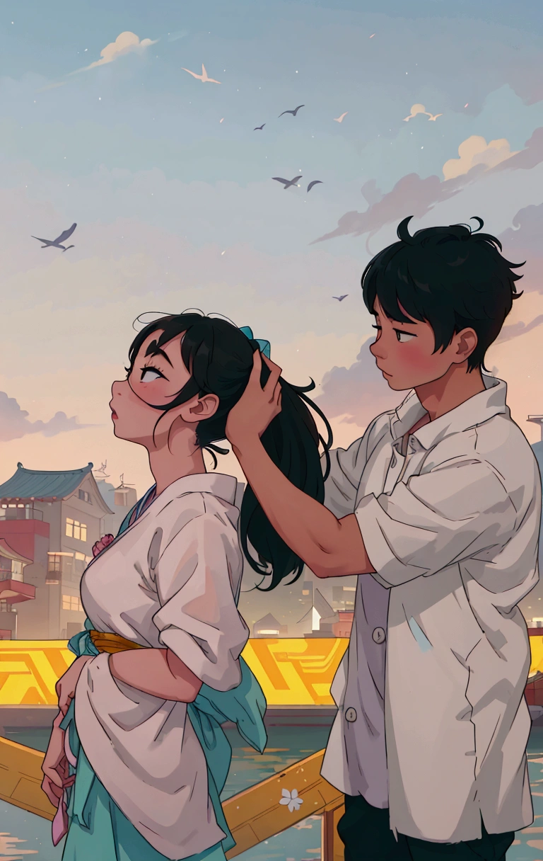 (best quality:0.8) perfect anime illustration, there are two people standing on a boat with a city in the background, photo pinterest, 😭🤮 💔, couple pose, ruan jia and fenghua zhong, screenshot from a movie, highlight scene of the movie, 😭 🤮 💕 🎀, photoshoot, yanjun chengt, patiphan sottiwilai, set on singaporean aesthetic