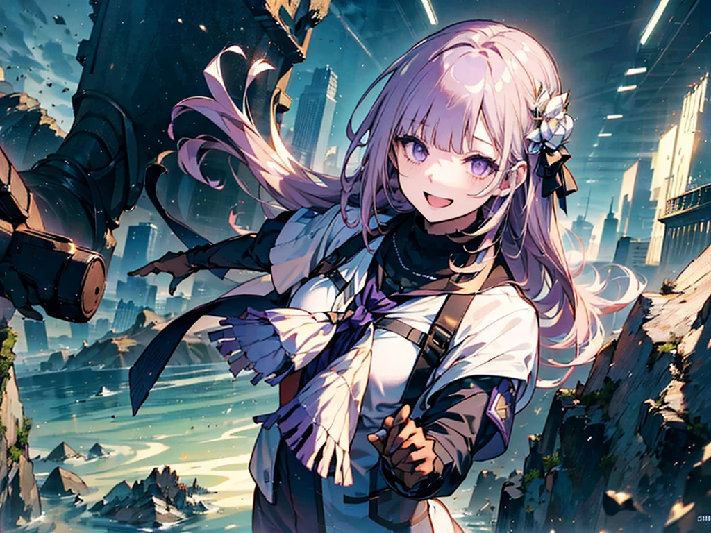 A huge city in the sky, A town above the clouds, A floating school city, 地平線but見える, 眼下には都会butある,but１people, Purple Eyes, Golden Hair, score_9, score_8_Excellent, score_7_Excellent, score_6_Excellent, score_5_Excellent, masterpiece