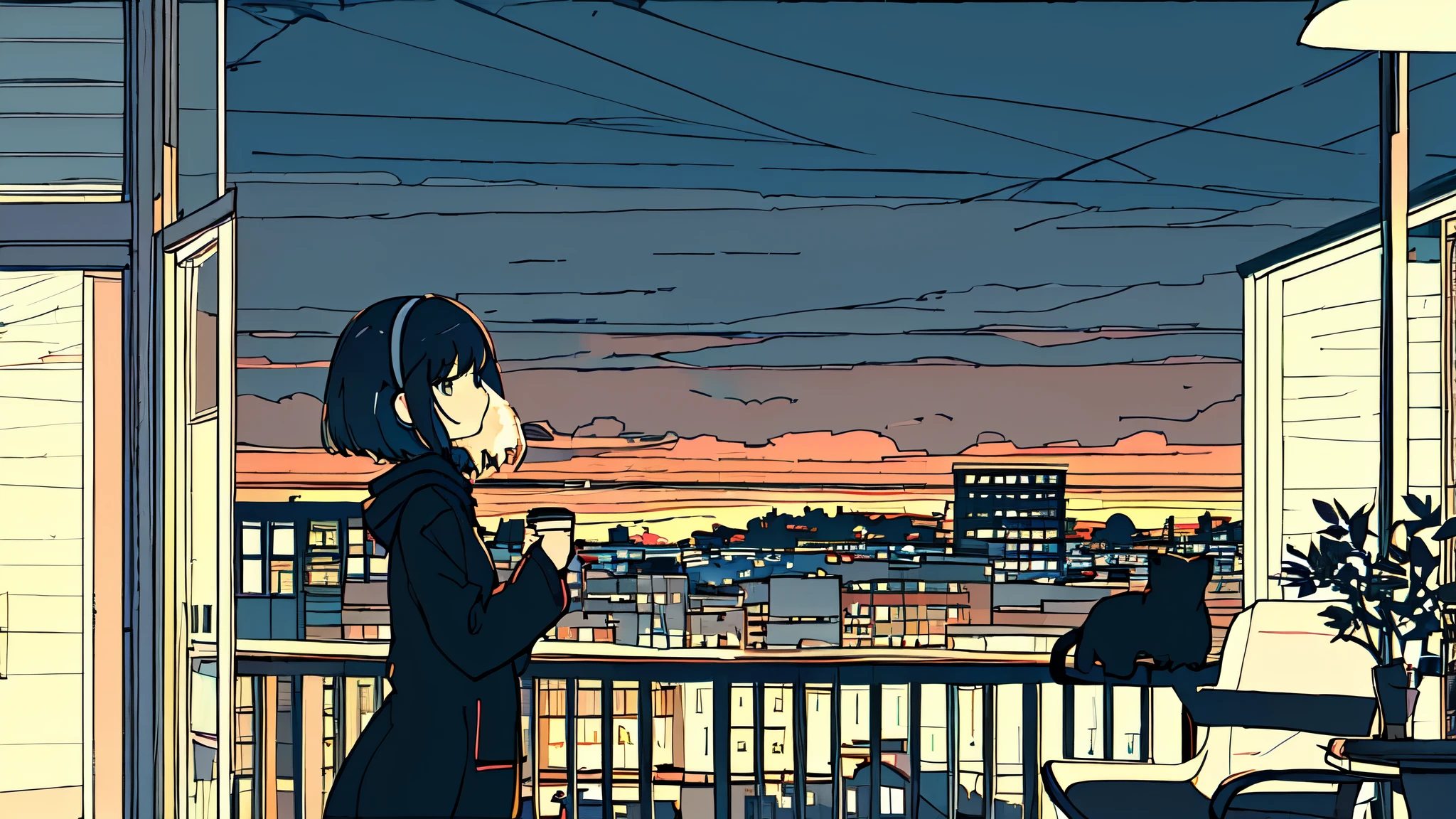 Ultra Wide Angle, Drinking hot coffee while listening to jazz music on headphones, Watching the night sky from the balcony, alone, Lofty Girl, Lo-fi art style, Lofty Girl aesthetic, By Ghailan, Anime aesthetics, relaxed mood, Lo-fi illustration style、Black cat、Night view、Beauty