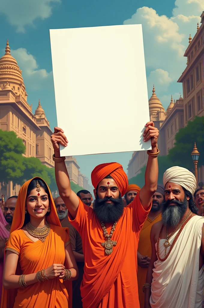 Create a poster of a hindu people holding plain white posters.