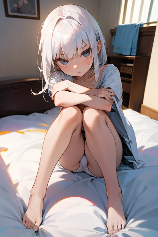 A young child with white hair is lying on a bed facing me with her legs spread apart and her arms folded in front of her. She is wearing nothing but panties and a bra.