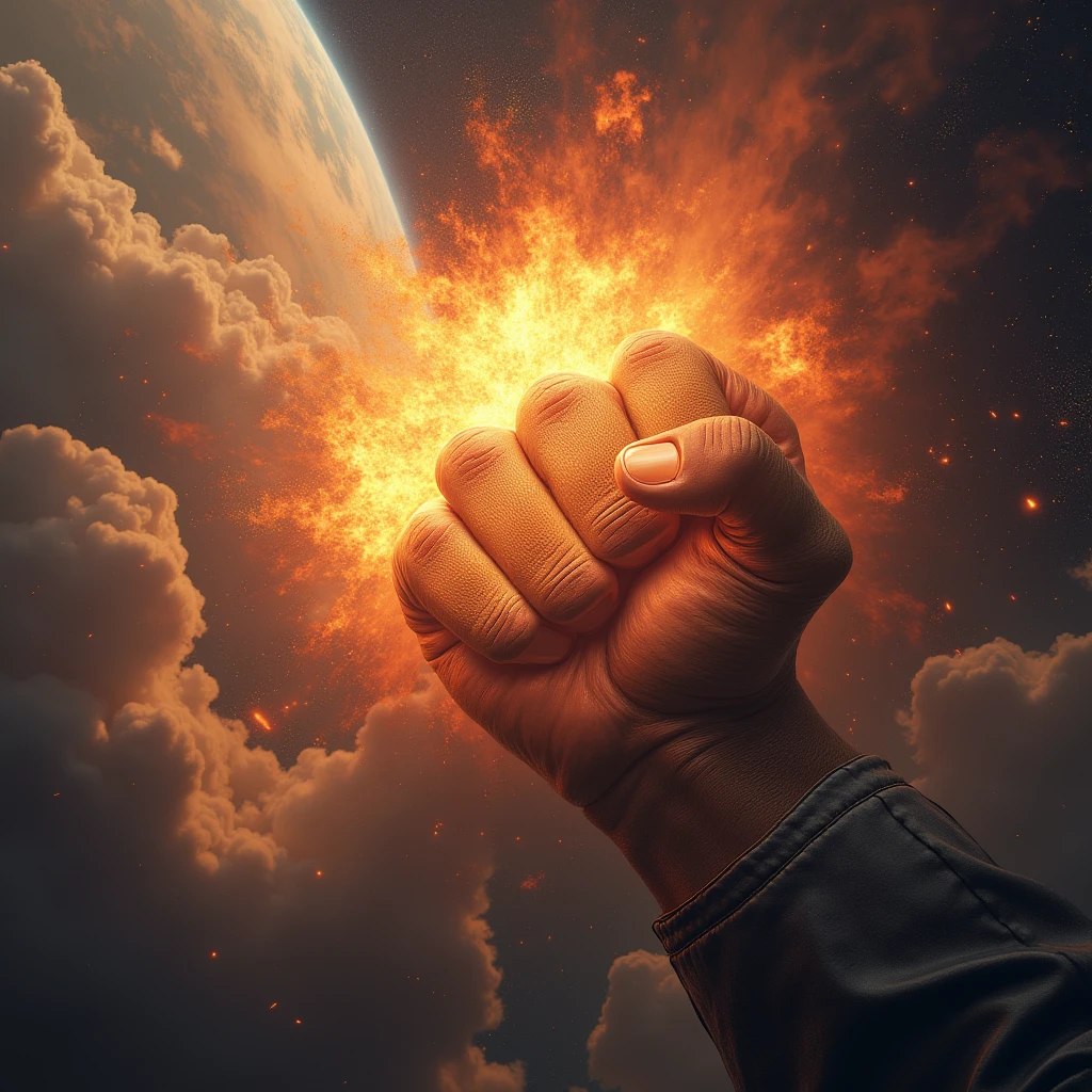 gigantic GOD's fist, punch from space to the earth, impact, judgement day, 