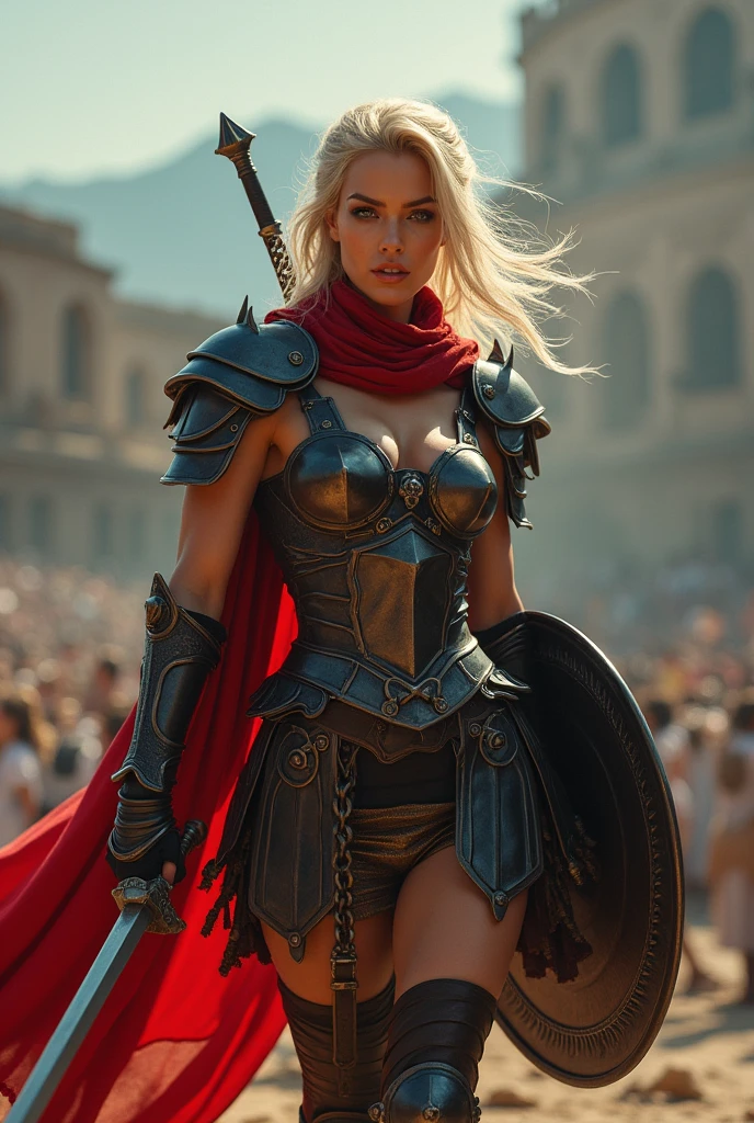 ((masterpiece, Highest quality, Best image quality, High resolution, Realistic, RAW Photos, 8k)), ((Highly detailed CG synthesis 8k wallpaper)), (Huge and stunning goddess shot, Very hot and sexy, Incredible beauty, Perfect Proportions, Beautiful body, Slim body beauty:1.4), Arafed woman in armor holding sword and shield, Portrait of a savage woman画, north Female Warrior, Very beautiful berserker woman, north adult Female Warrior, Female Barbarian, Female Warrior, Portrait of a savage woman, 野蛮なFemale Warrior, very beautiful Female Barbarian, Age 35, Portrait of a Female Warrior, RPG portrait concept art, (Beautiful warrior, Carrying a dagger and a small shield, Wearing a red scarf, Leather Armor), (Blonde, Short Hair、blue eyes, Dark Skin), (amphitheater, Fighting while being watched by the crowd, Motion Blur), Movie Posters, big "unlimited" It's written at the bottom of the screen,