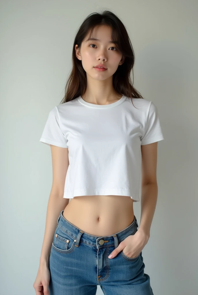 arafed woman in a white shirt and jeans posing for a picture, flat-chested, waist - shot, physical : longest midriff of all time, Bonito midriff, Long shirt, 2 24 year old female model, wearing a t-shirt.