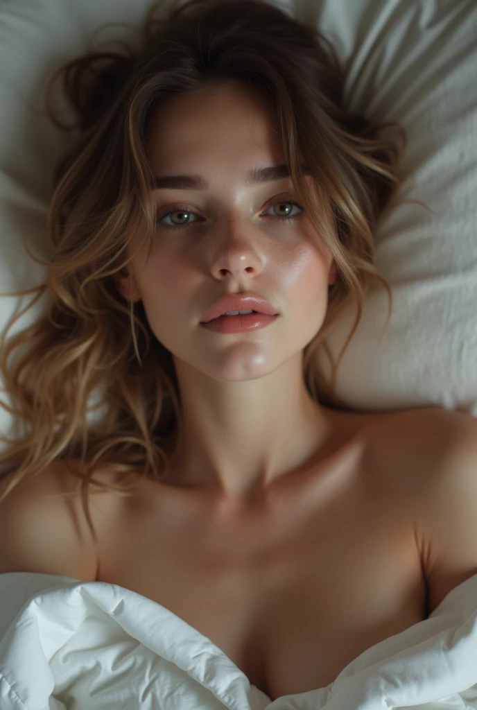 cute, Slender young woman, Revealing clothing, The body is slim, Lying in bed, The body is slim, thin, sexy, Realistic, Very detailed, high quality 8k, Beautiful attention to detail, Beautiful lip detail,