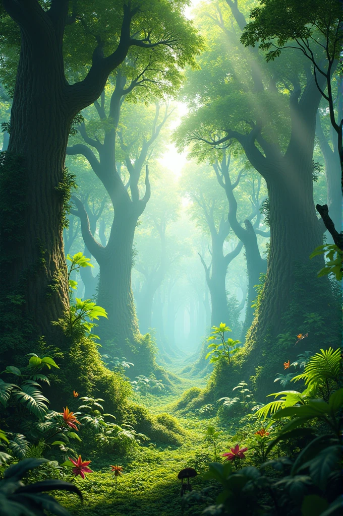 In 3d animation style "A lush, green jungle with towering trees, vibrant foliage, and scattered sunlight filtering through the canopy.