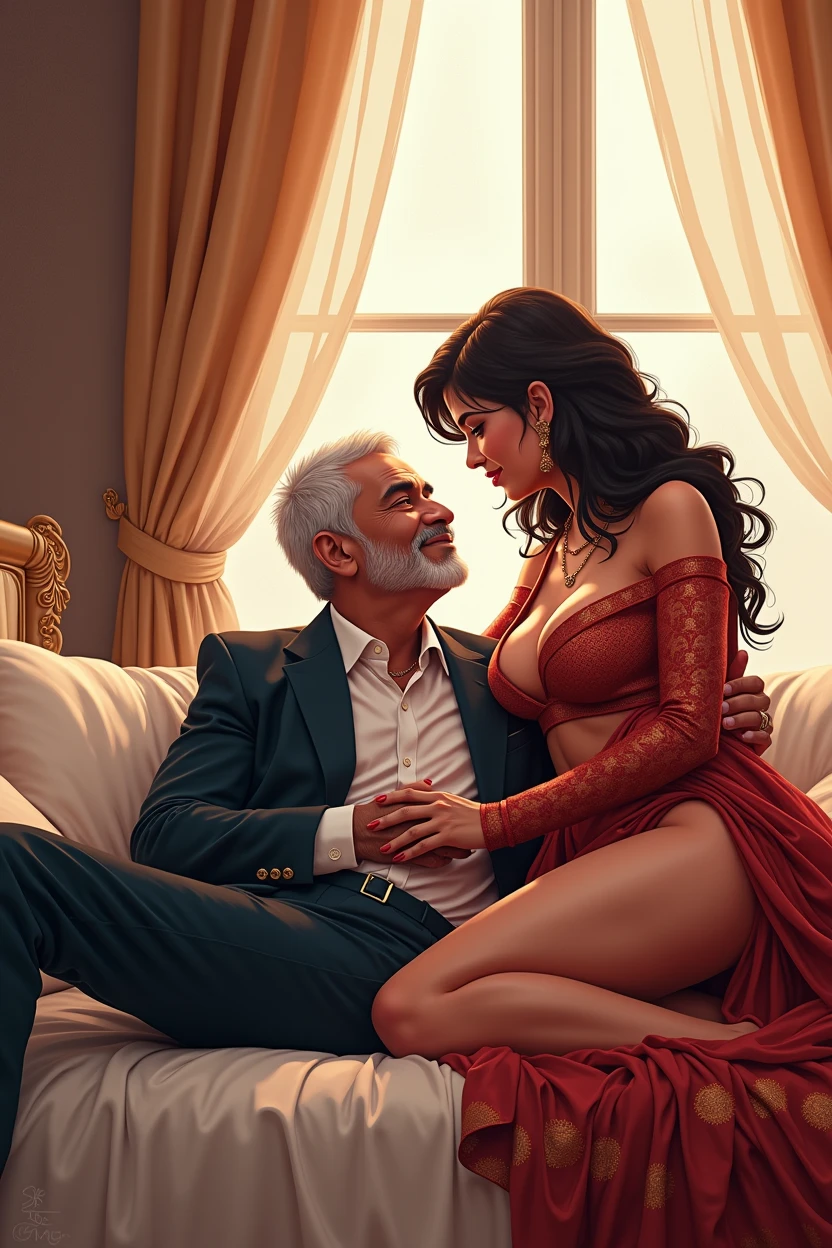 Generate a tender and romantic digital illustration of an Indian lady fucking her grandpa wearing suit while lying on a luxury bed. Capture the warmth of their connection, grandpa holding her breast, paying attention to cultural details in their luxury attire and surroundings. Create an atmosphere of intimacy and affection, portraying the beauty of their relationship. (show cleaveage), (show underboob), (show sexy belly). (show thigh), luxury bedroom