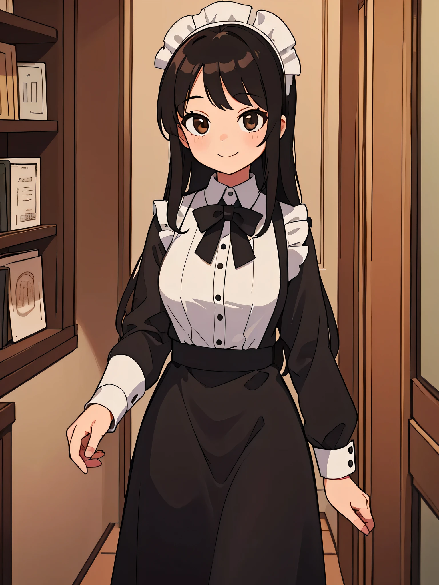 1girl, only one girl, just 1girl, wearing a maid uniform, smile, alone in the mansion, has long black hair, brown eyes, tall girl, big chested, mature woman, smiled gently