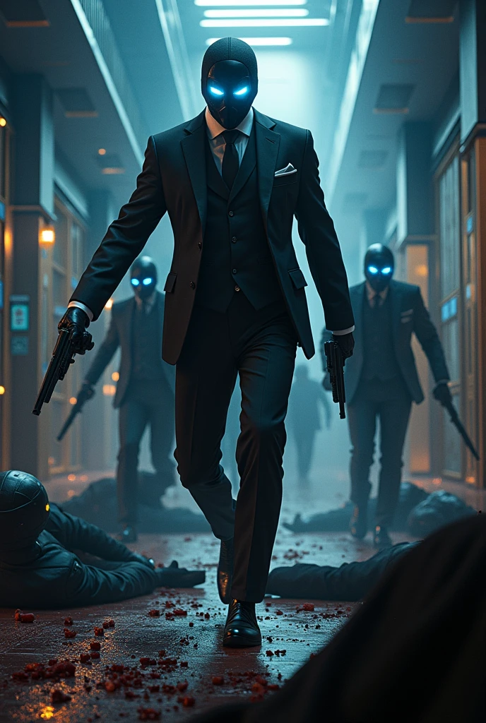 The man in suit with glowing like bulb blue eyes in mask killing spy girls and mans brutally with gun and sward, blood everywhere
Background is spy secret headquarters