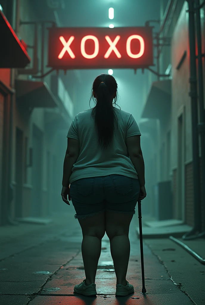 Black cane with eyes watching the back of a fat young woman and behind a sign that says XOXO 