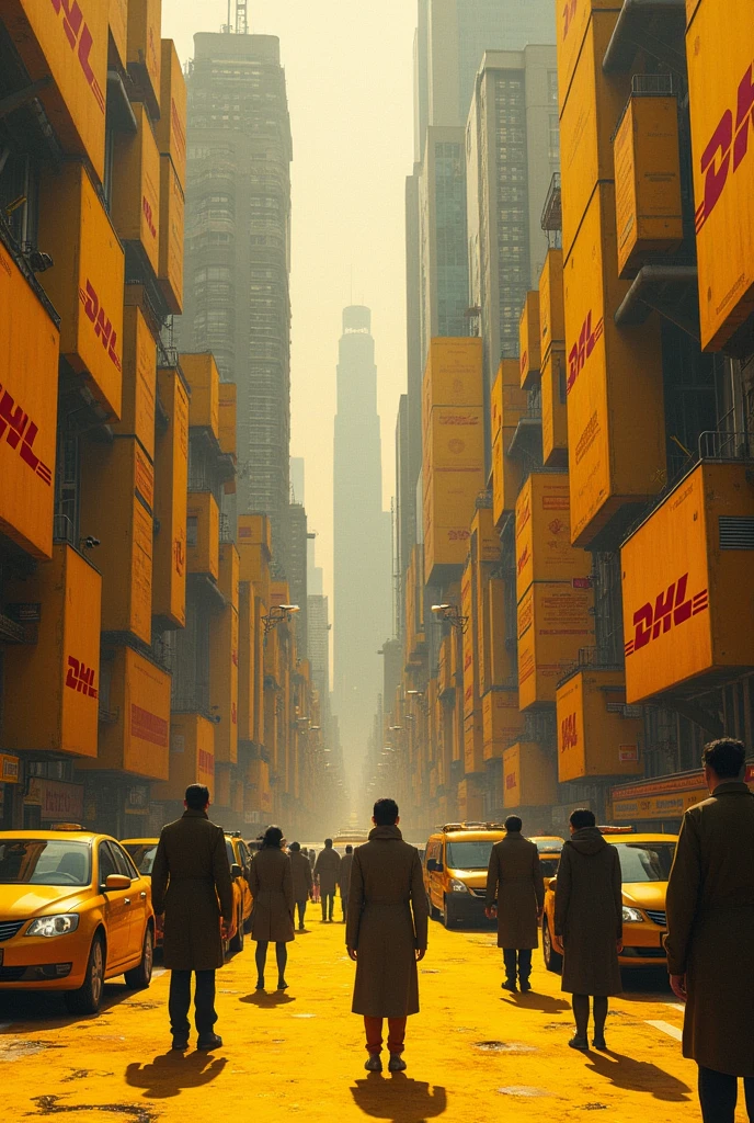 
I want a city made of DHL, where everything is DHL, a large DHL metropolis, and everyone in this city is sad