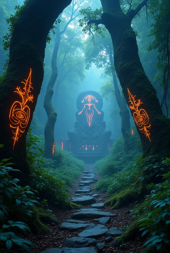 A high-resolution brightly lit photorealistic photograph of an ancient rain forest with criptic symbols of tribals and alienish paterns on the tree trunks glowing in uv colours  smog and misty fog in the atmosphere broken ruins of ancient goddess skulptor glowing in uv colours  The photograph is styled like a high-end lifestle magazine. The photograph has a light bright happy feel. Use a high-resolution 16k camera with a 2:3 aspect ratio, a raw style, and a quality setting of 2 to capture this vibrant scene
. 32k, full ultra hd, high resolution, photorealistic, natural lighting, ultra realistic photo, high quality, HDR, high resolution, smooth and delicate skin, noble and elegant, ultra-realistic photography vibe, shot with Canon camera, intricate details, 32k --ar 16:9 --s 750 --v 6.1


