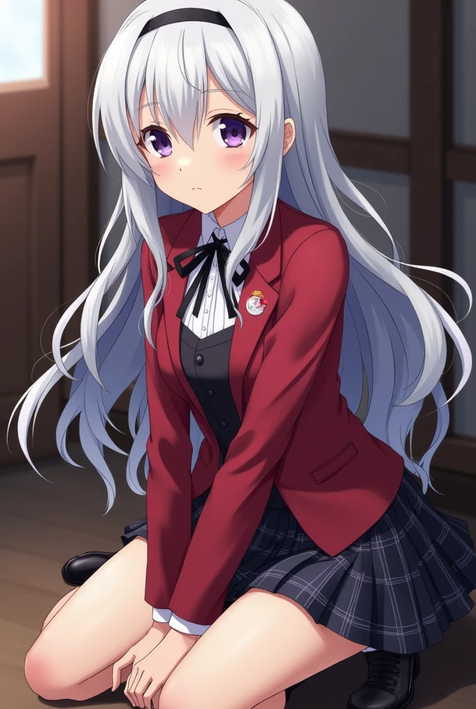 Arisu Sakayanagi from "Classroom of the Elite" is a high school student known for her refined and elegant appearance. She has long, wavy silver hair that cascades down her back, often styled with a black ribbon. Her eyes are sharp and violet, conveying intelligence and a sense of superiority. Arisu wears the standard school uniform, which consists of a red blazer with a white shirt underneath, a plaid skirt, and black shoes. She carries herself with poise and confidence, often seen with a calm and calculating expression that hints at her strategic mind. Despite her frail health, she exudes an aura of authority and grace, making her one of the most formidable characters in the series.