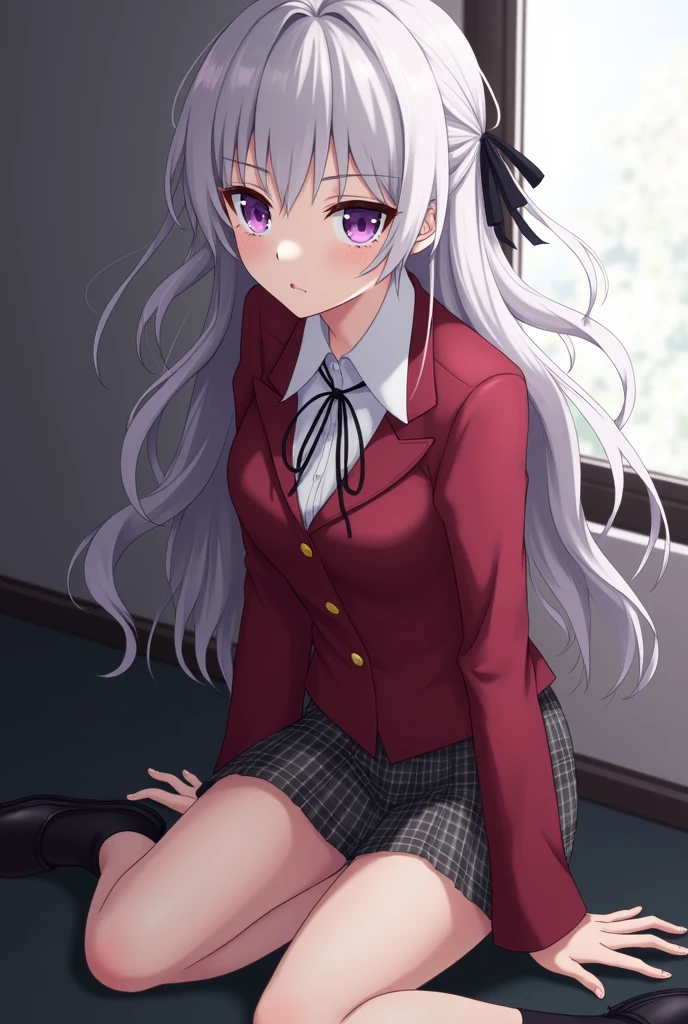 Arisu Sakayanagi from "Classroom of the Elite" is a high school student known for her refined and elegant appearance. She has long, wavy silver hair that cascades down her back, often styled with a black ribbon. Her eyes are sharp and violet, conveying intelligence and a sense of superiority. Arisu wears the standard school uniform, which consists of a red blazer with a white shirt underneath, a plaid skirt, and black shoes. She carries herself with poise and confidence, often seen with a calm and calculating expression that hints at her strategic mind. Despite her frail health, she exudes an aura of authority and grace, making her one of the most formidable characters in the series.