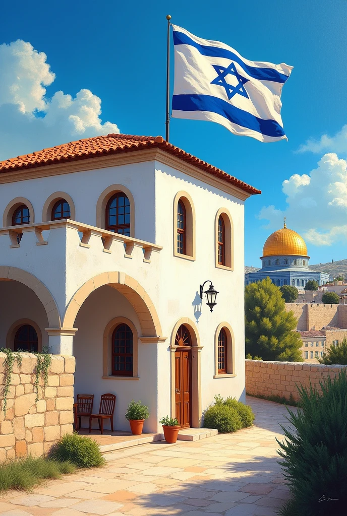 Painting of a Jerusalem style house with Israel flag